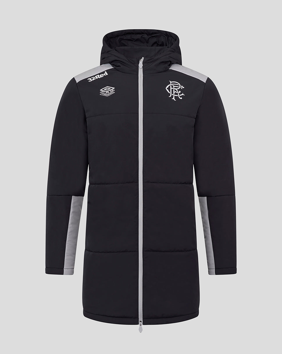 Front view of Rangers hooded padded coaches jacket in black with grey shoulder panels and club crest.