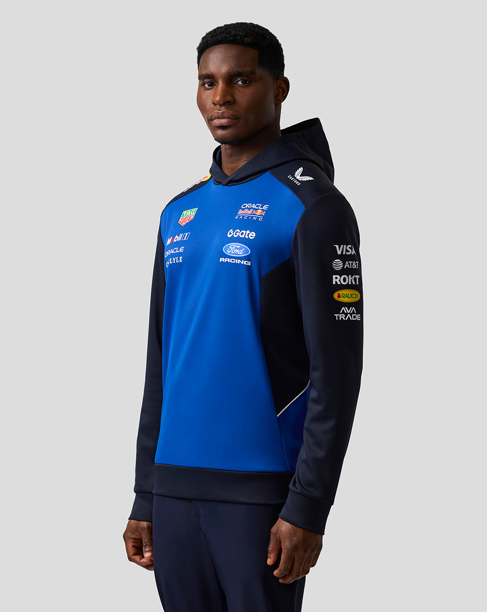 Person wearing a blue and black hoodie with various logos on a white background