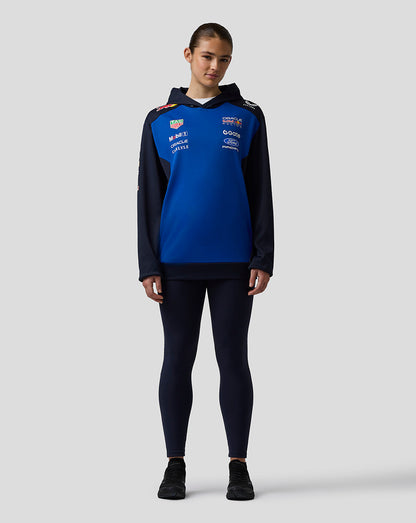 Person wearing a blue and black tracksuit with visible branding on a white background