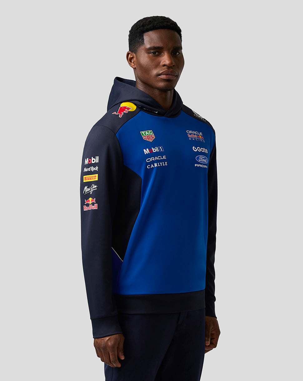 Person wearing a blue and black hoodie with various logos on a gray background