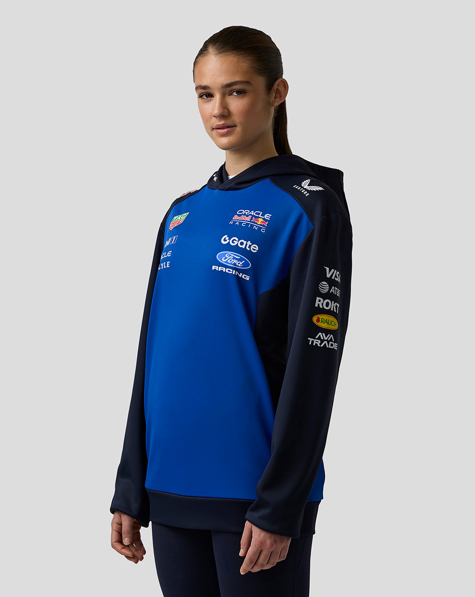 Person wearing a blue and black hoodie with various sponsor logos on a gray background
