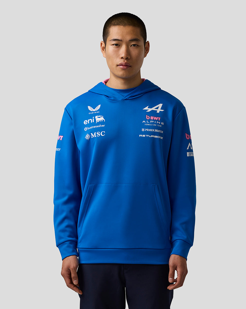 Person wearing a blue hoodie with various logos on a gray background