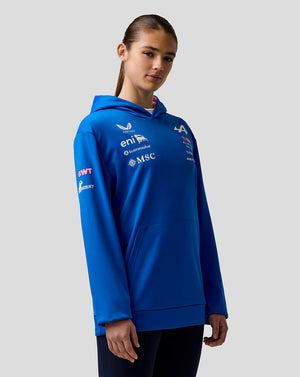 Person wearing a blue hoodie with various logos on a gray background