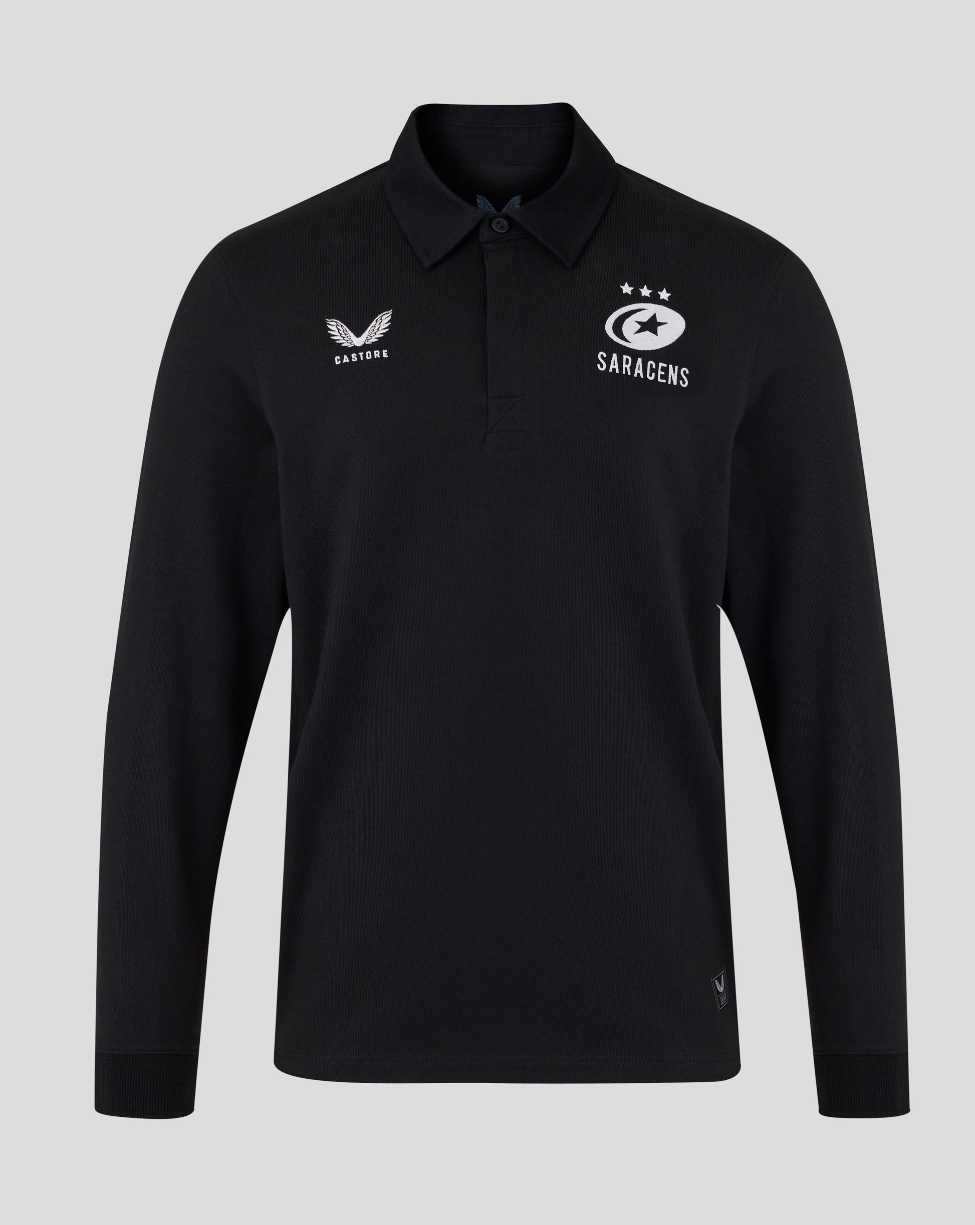 Black long-sleeve polo shirt with logos on a gray background