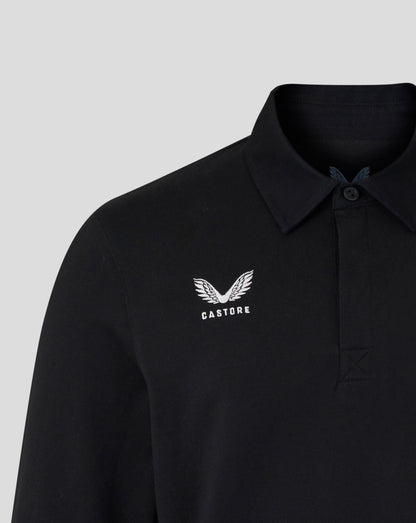 Black polo shirt with white logo on a light gray background
