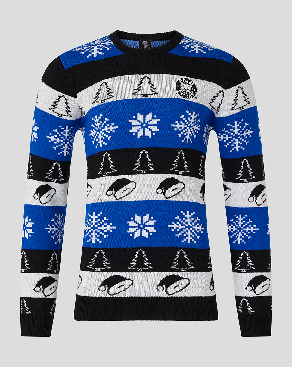 Bath Rugby Christmas jumper featuring bold horizontal blue black and white stripes with snowflakes trees and a Bath Rugby badge