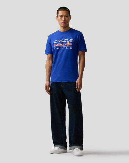 Person wearing a blue 'Oracle Red Bull Racing' t-shirt on a white background