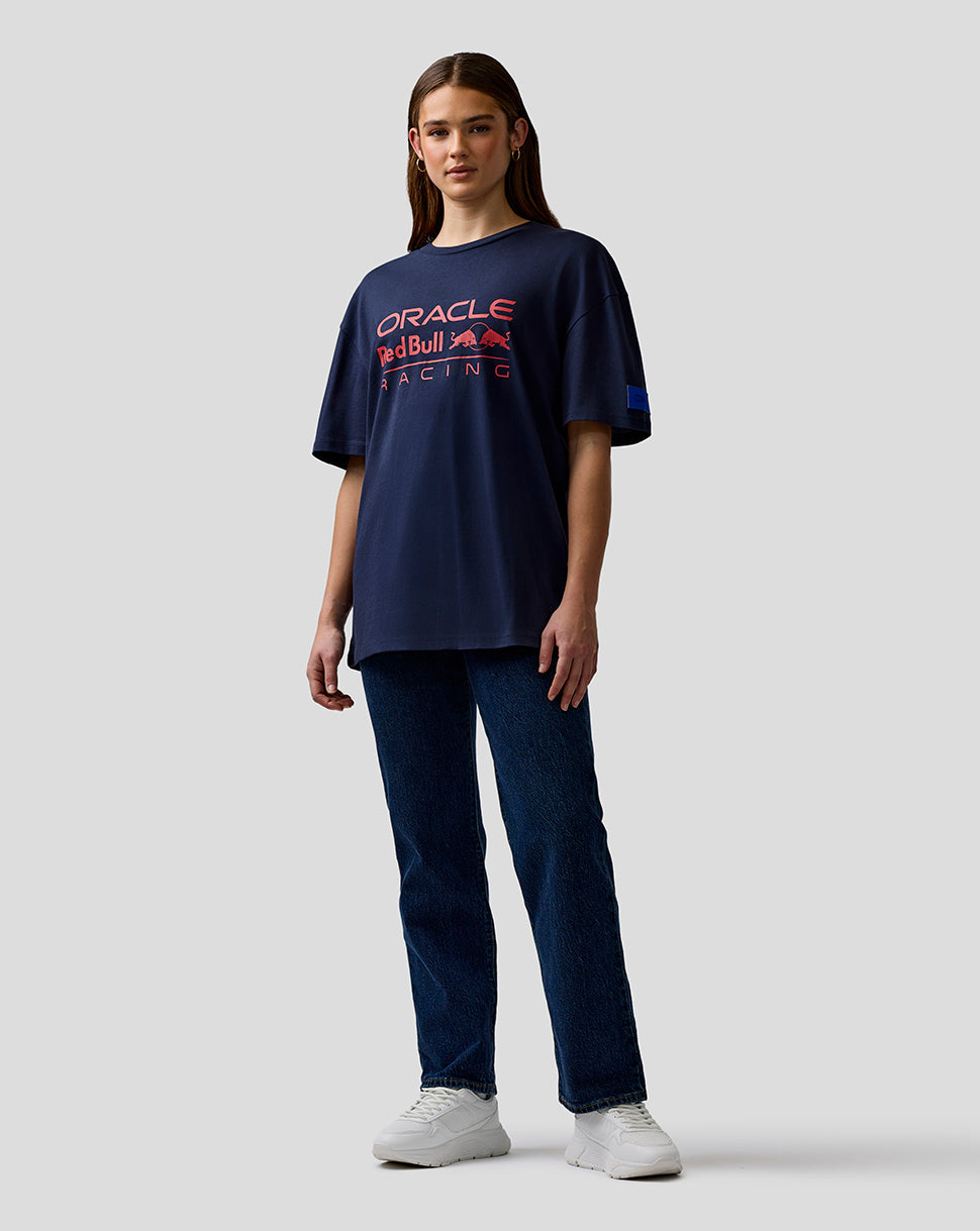 Person wearing a navy blue t-shirt with Oracle Red Bull Racing logo on a white background