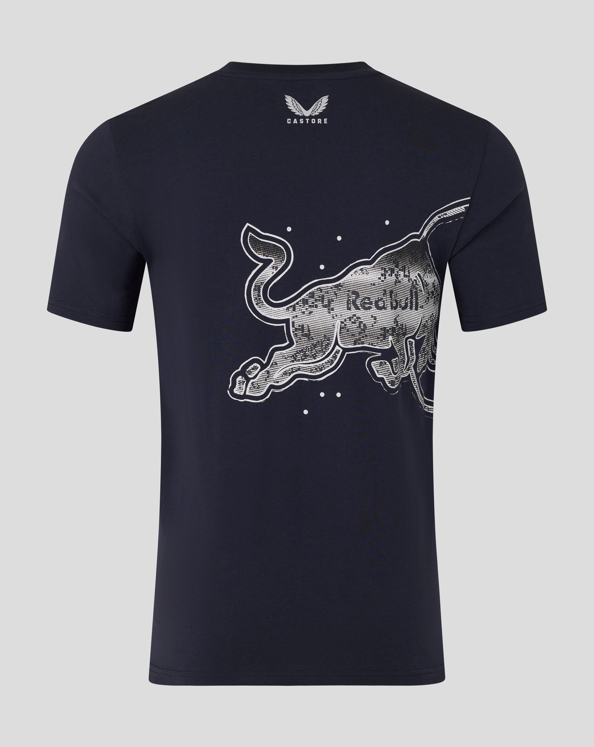 Black t-shirt with a graphic design on the back against a gray background