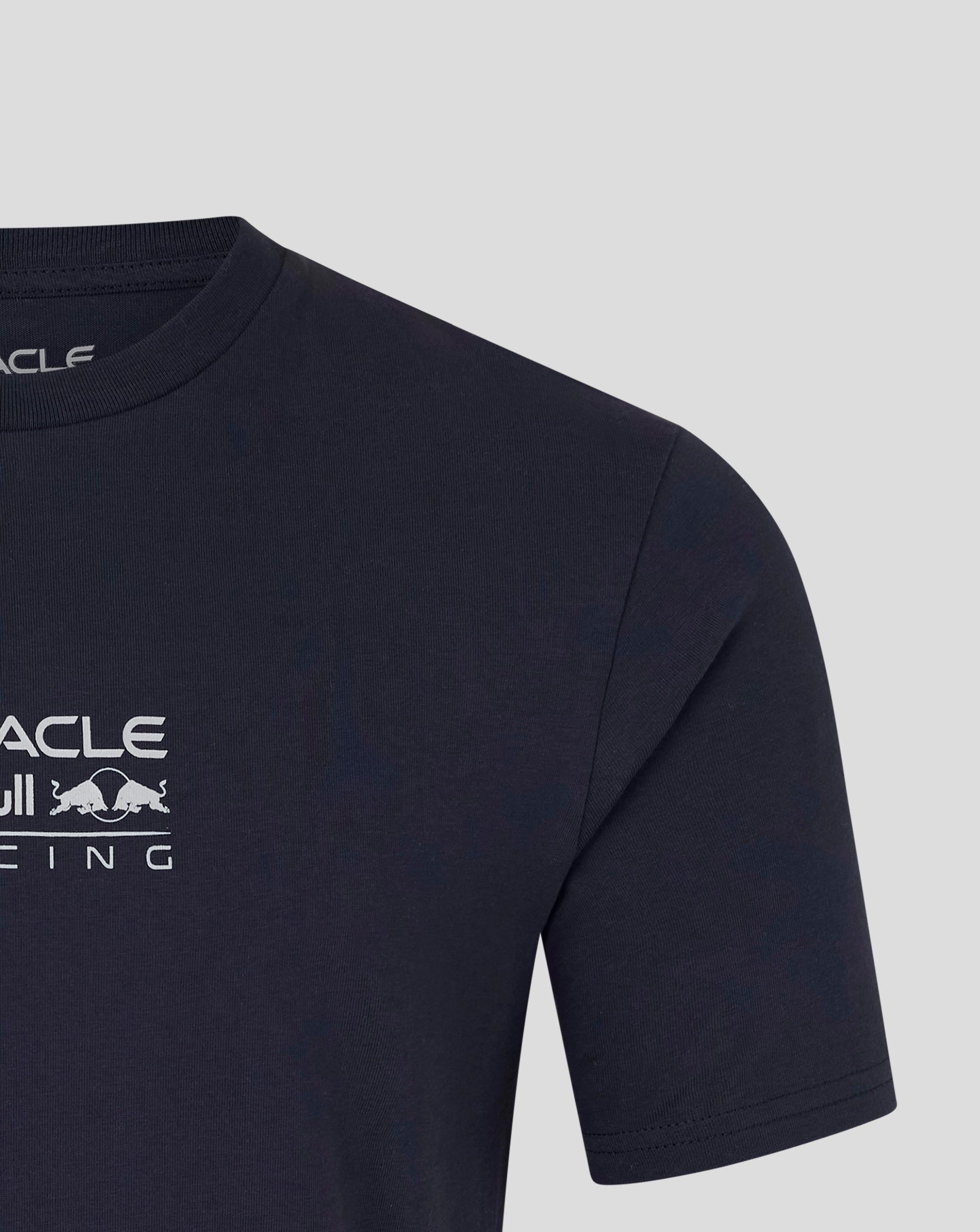 Black t-shirt with Oracle Racing logo on a light gray background