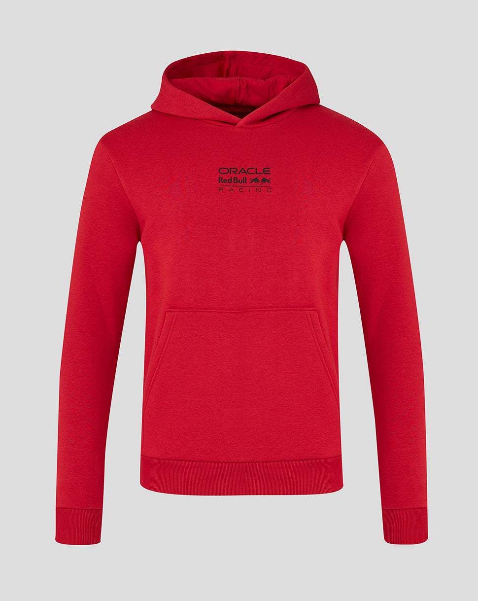 Red hoodie with a brand logo on a light gray background