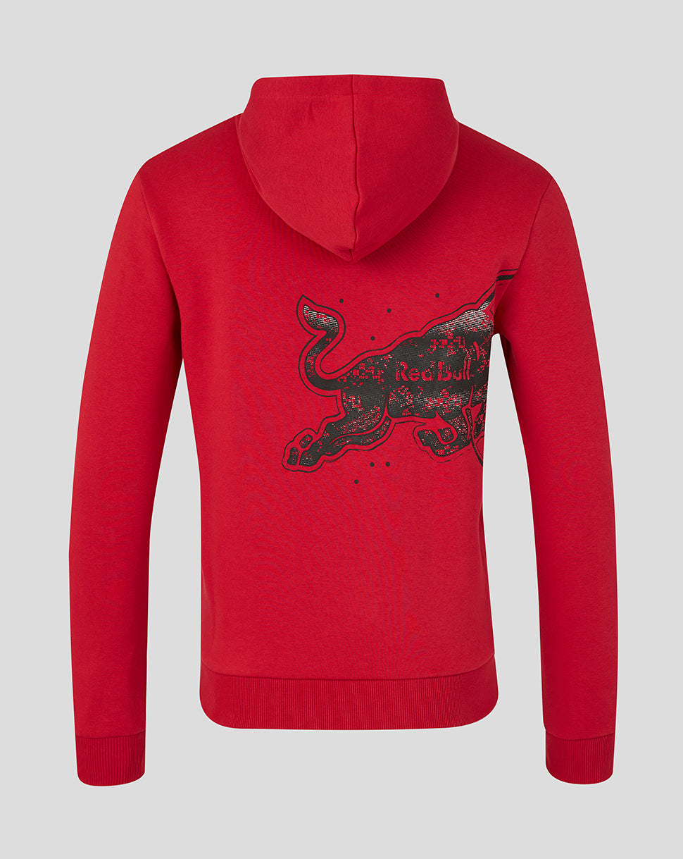 Red hoodie with a logo on the back against a gray background
