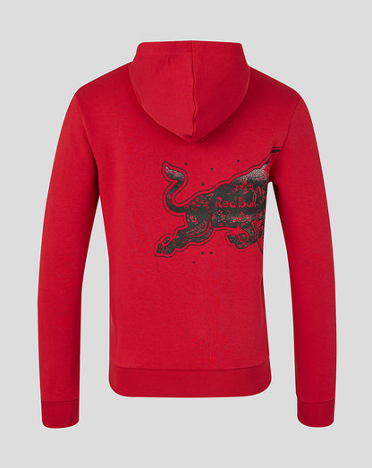 Red hoodie with a logo on the back against a gray background