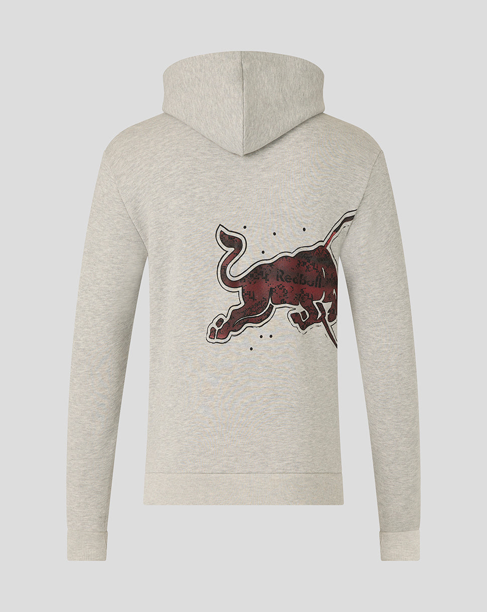 Light gray hoodie with a red and black graphic on the back against a white background