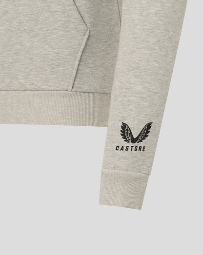 Gray hoodie with a brand logo on a light gray background