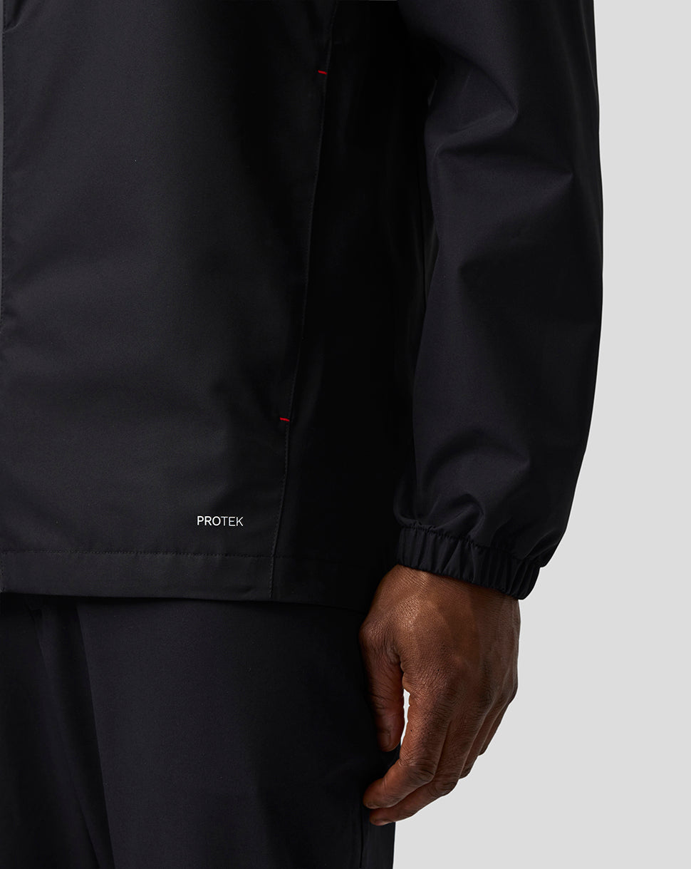 Black jacket with 'Protek' branding on a light gray background