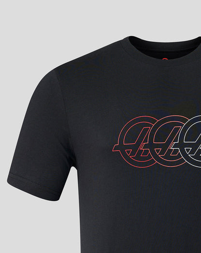 Black t-shirt with a red and white logo on a gray background
