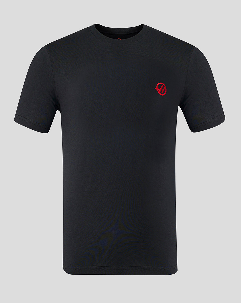 Black t-shirt with a red logo on a gray background