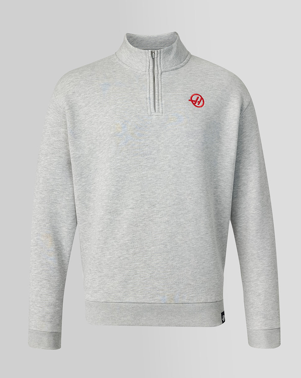 Camiseta oficial del equipo Haas unisex con gráfico lineal del monograma en la espalda y cremallera de un cuarto - Gris jaspeado - Gris jaspeado