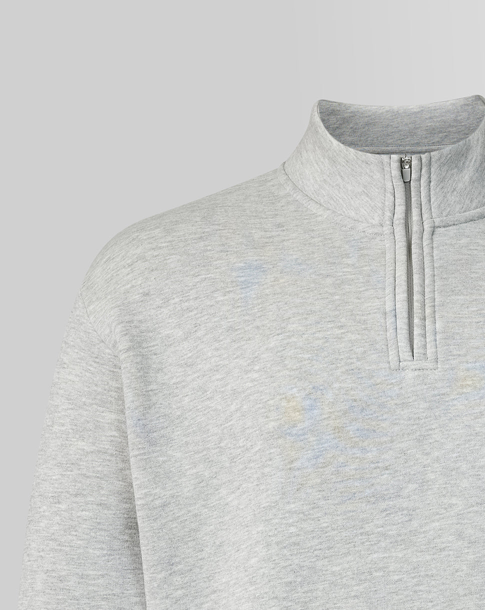 Camiseta oficial del equipo Haas unisex con gráfico lineal del monograma en la espalda y cremallera de un cuarto - Gris jaspeado - Gris jaspeado