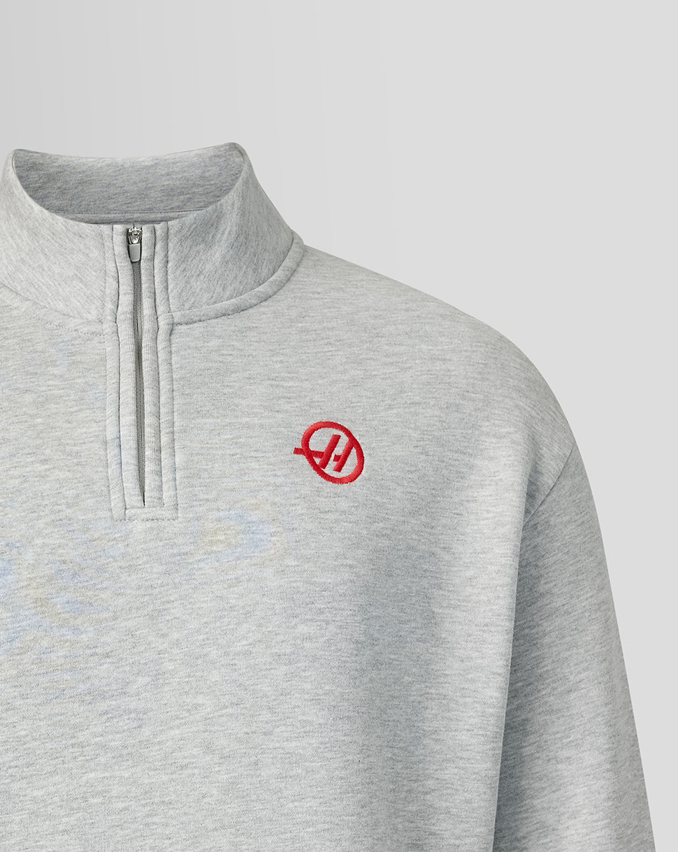 Camiseta oficial del equipo Haas unisex con gráfico lineal del monograma en la espalda y cremallera de un cuarto - Gris jaspeado - Gris jaspeado