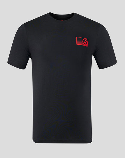 Black t-shirt with a red logo on a gray background