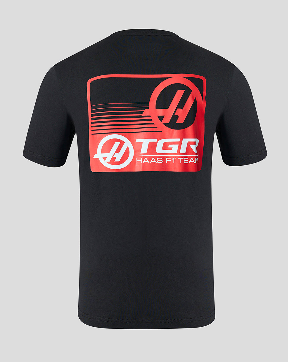 Black t-shirt with red and white 'TGR' logo on a gray background