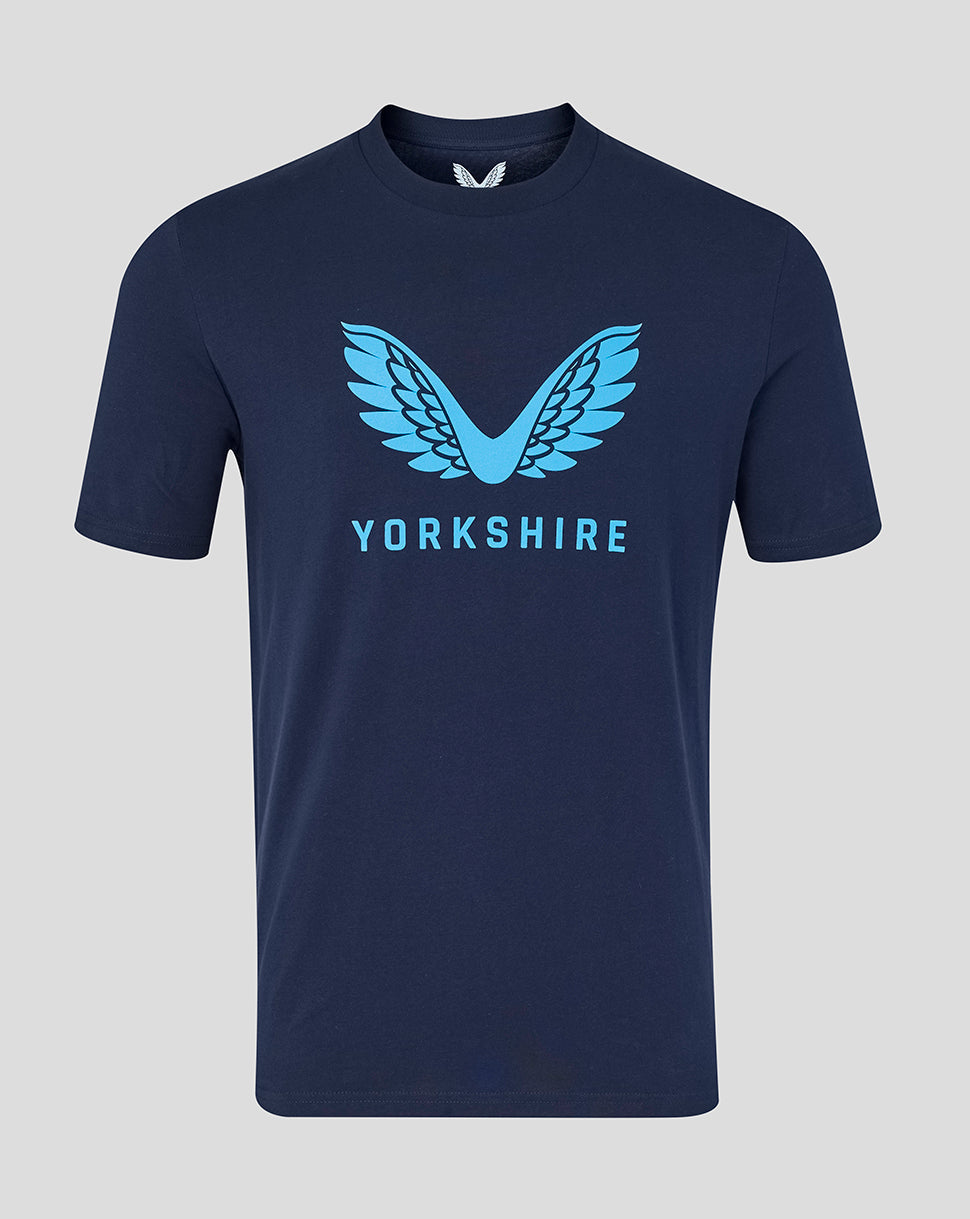 Navy blue t-shirt with blue 'Yorkshire' logo on a gray background
