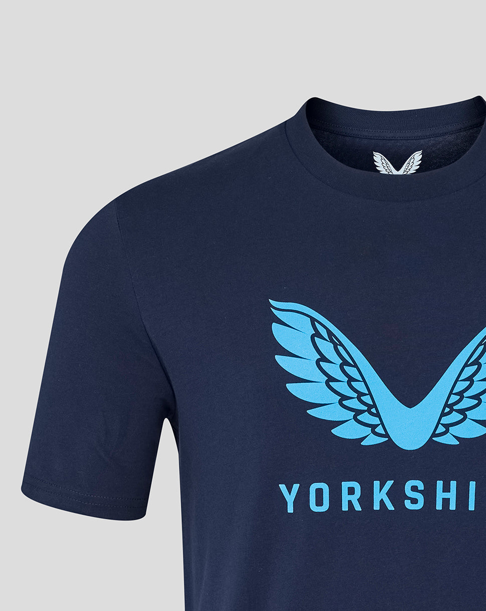 Navy blue t-shirt with a blue winged logo on a light gray background