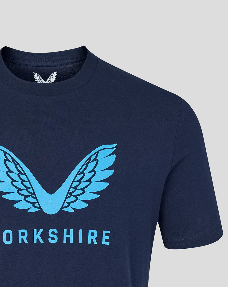 Navy blue t-shirt with a blue 'Yorkshire' logo on a light gray background