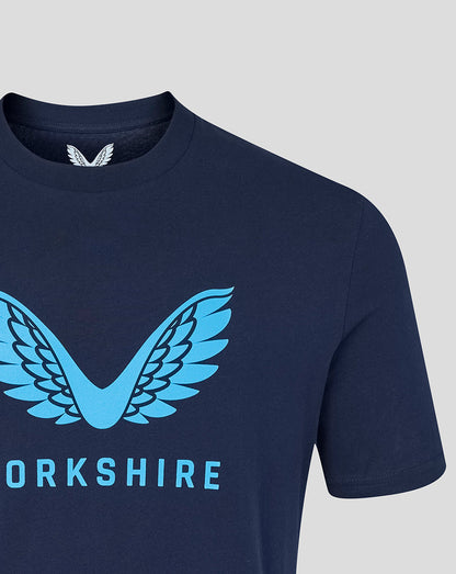 Navy blue t-shirt with a blue 'Yorkshire' logo on a light gray background