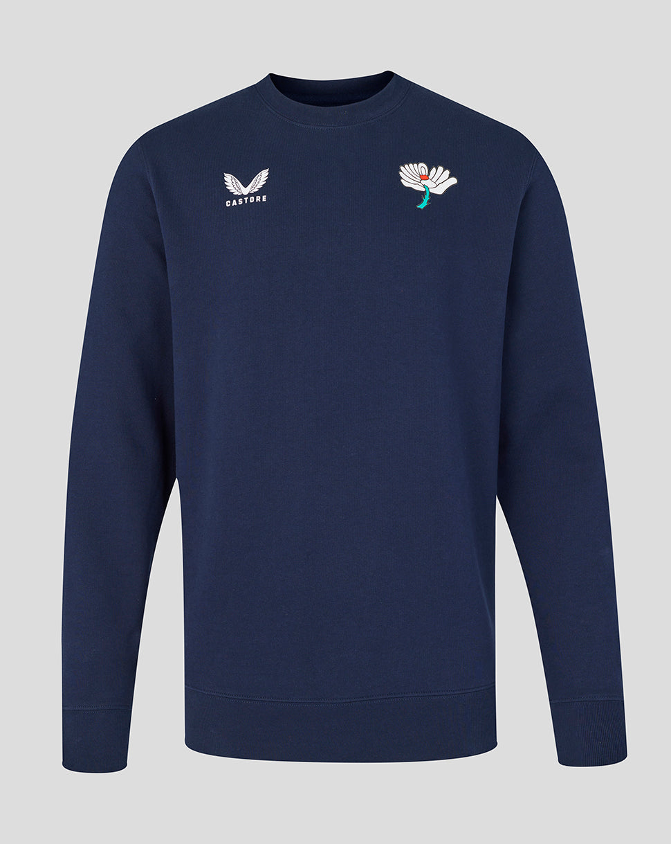 Navy blue sweatshirt with embroidered designs on a light gray background