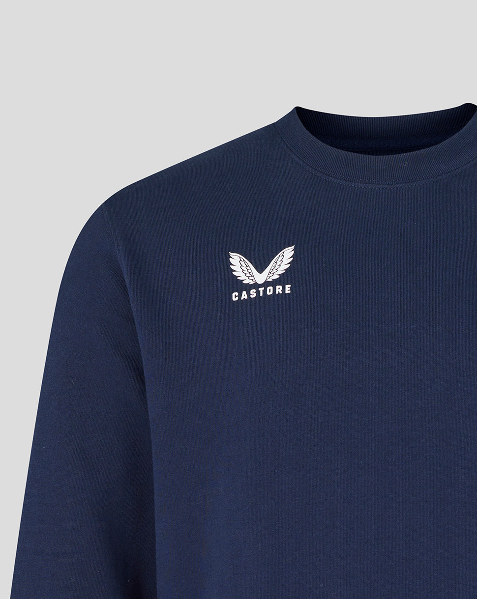 Navy blue sweatshirt with white 'Castore' logo on a light gray background