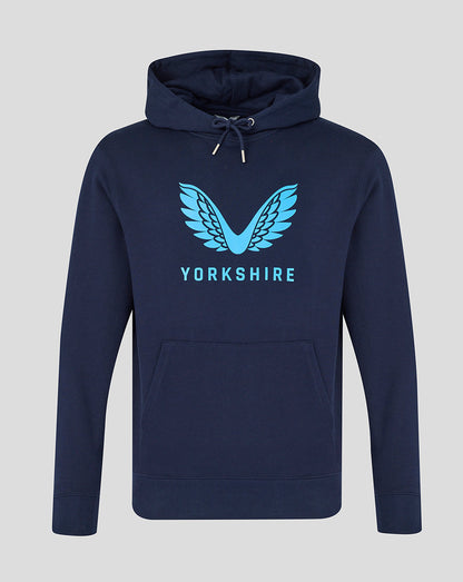 Navy hoodie with blue logo and text on a light gray background