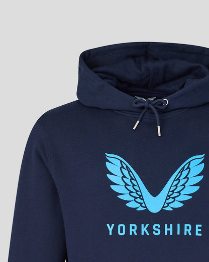 Navy hoodie with blue 'Yorkshire' logo on a light gray background