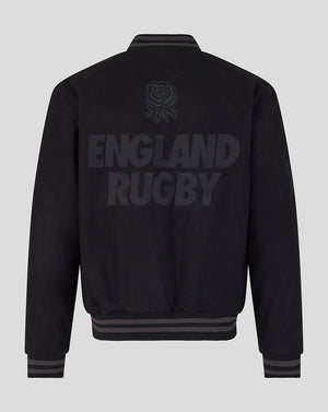 Black rugby jacket with 'England Rugby' text on a gray background