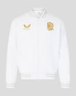 White bomber jacket front with gold wings logo on the left chest and gold rose emblem on the right chest.