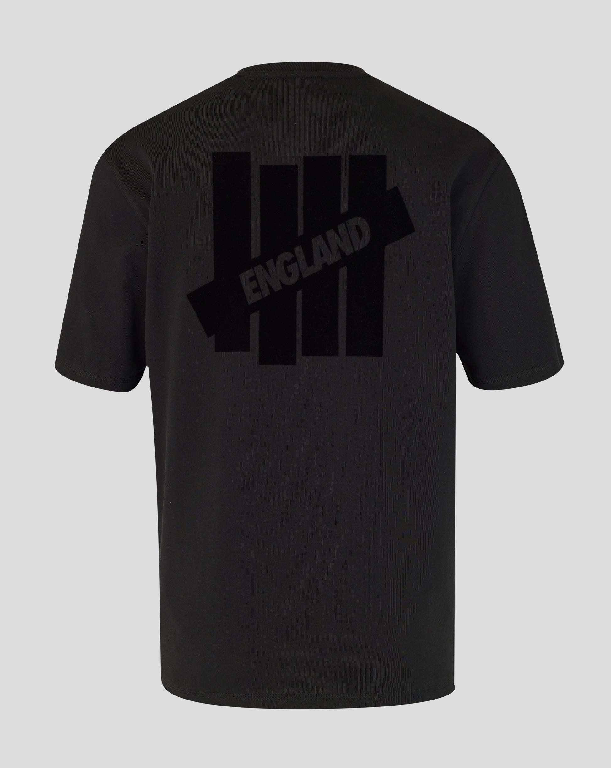 Black t-shirt with 'ENGLAND' printed on the back against a gray background
