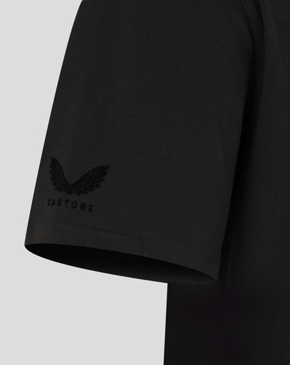 Black t-shirt sleeve with a logo on a light gray background
