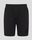 Black shorts with a brand logo on a light gray background