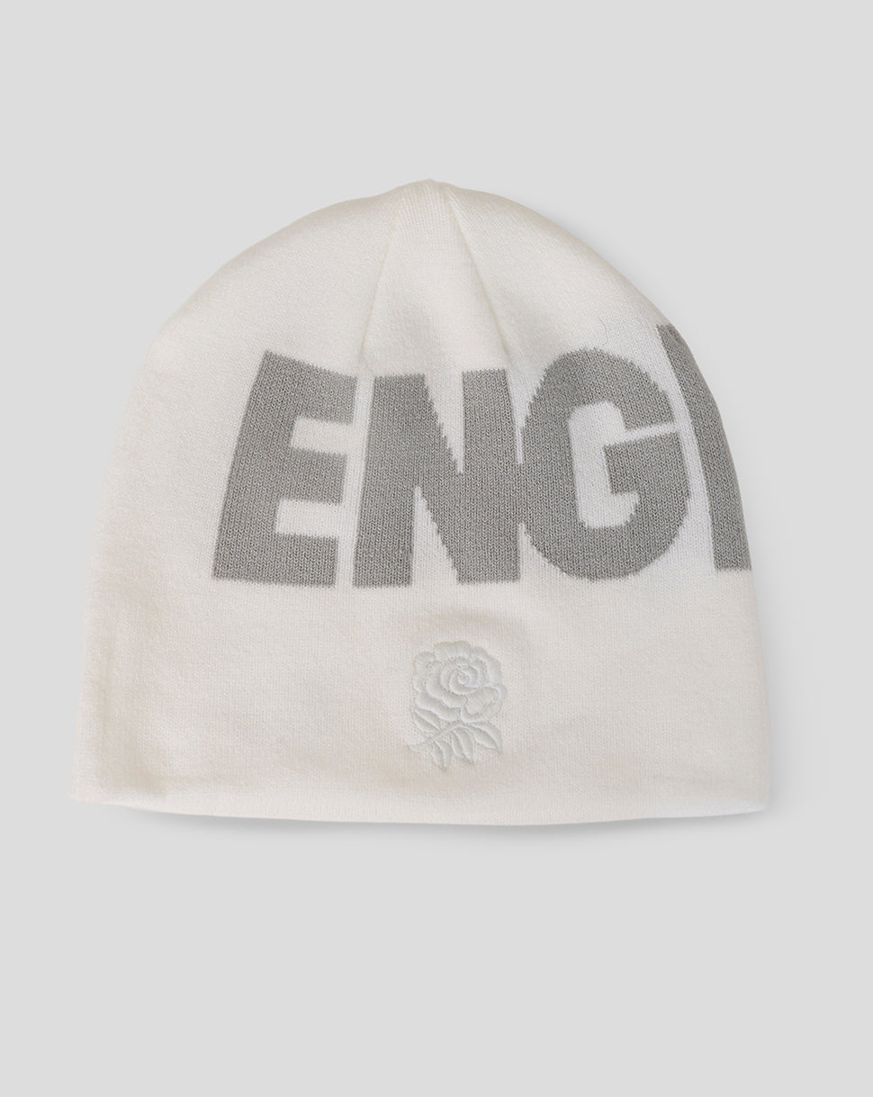 White beanie with 'ENGLAND' text on a white background
