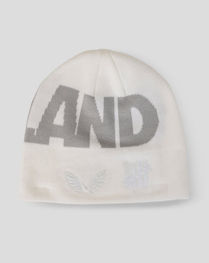 White beanie with 'ENGLAND' printed in gray on a white background