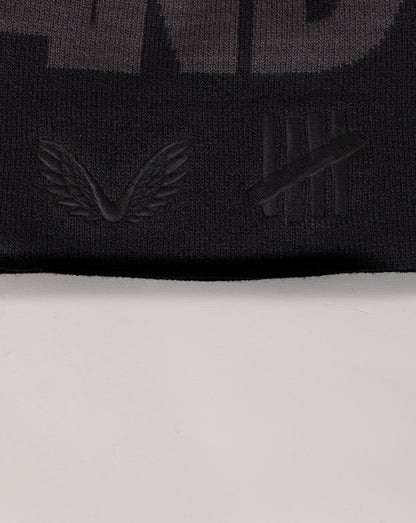 Black beanie with logo on a white background