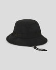 Black bucket hat with a brand logo on a light gray background