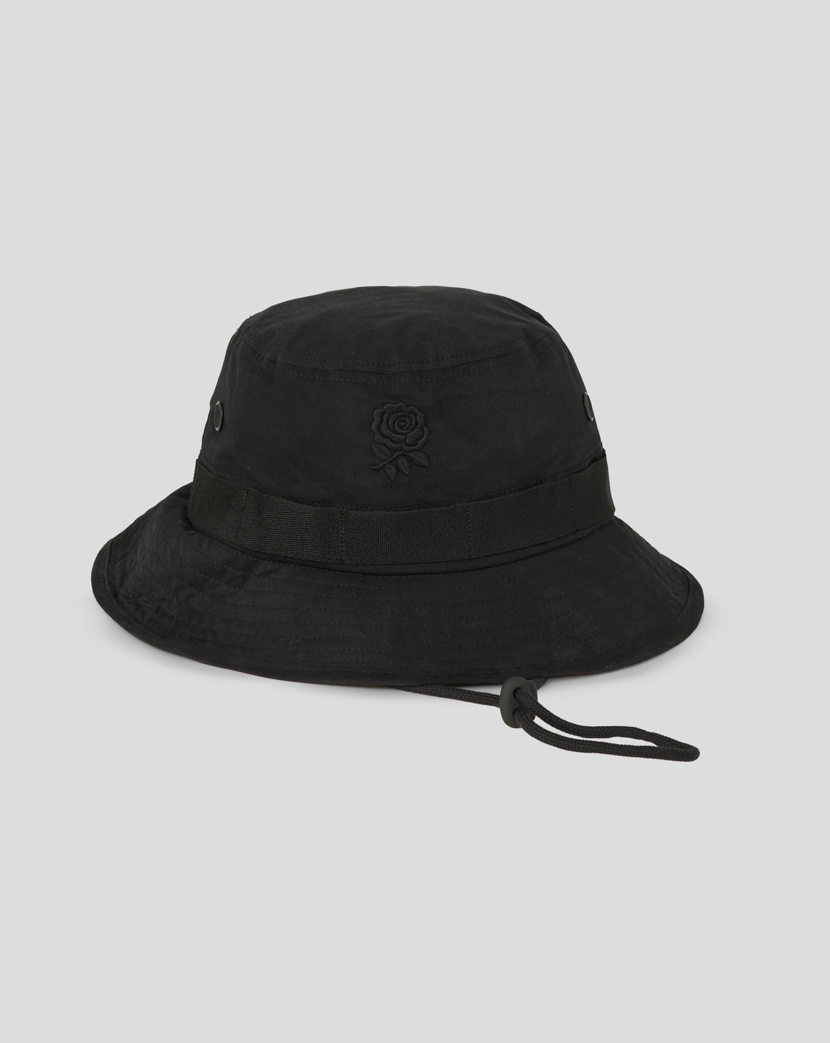 Black bucket hat with a brand logo on a light gray background