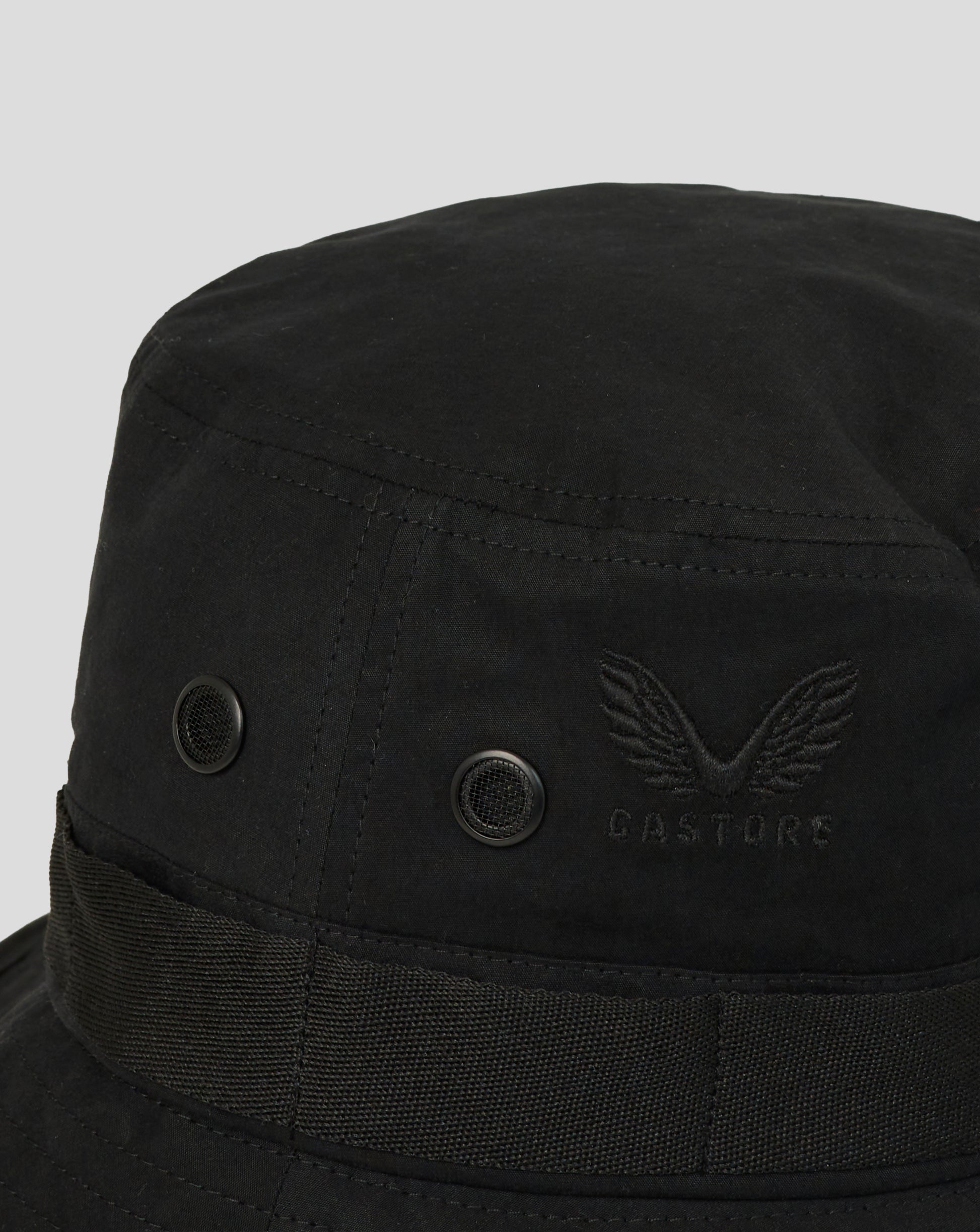 Black bucket hat with a brand logo on a light gray background