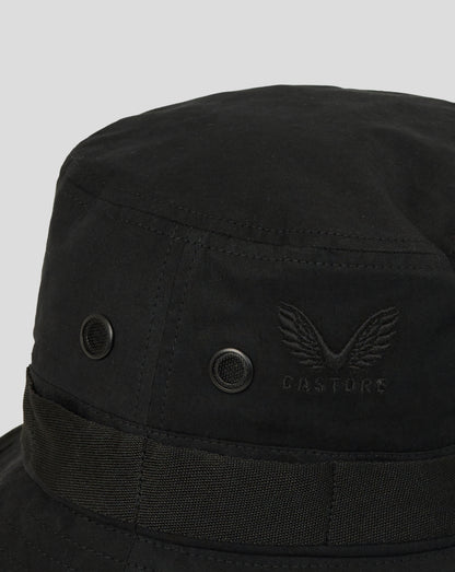 Black bucket hat with a brand logo on a light gray background