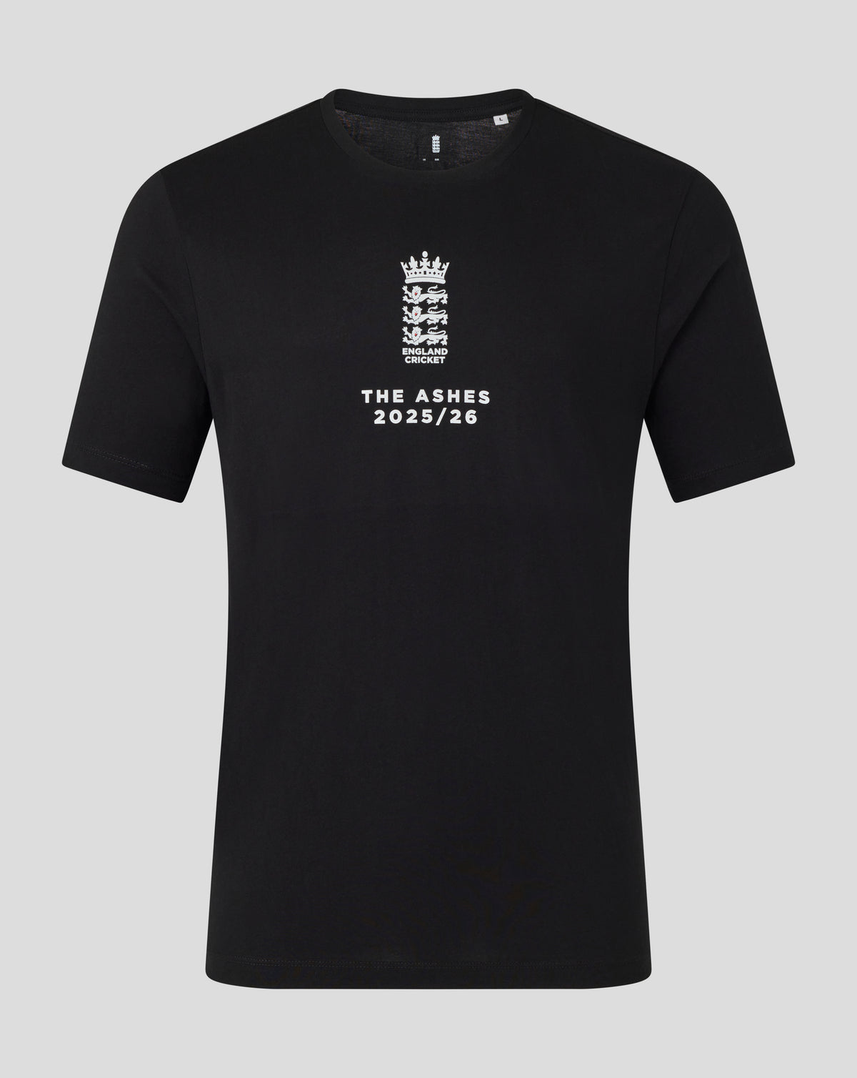 Black England Cricket Essentials Ashes T shirt with white crest and THE ASHES 2025/26 on the front
