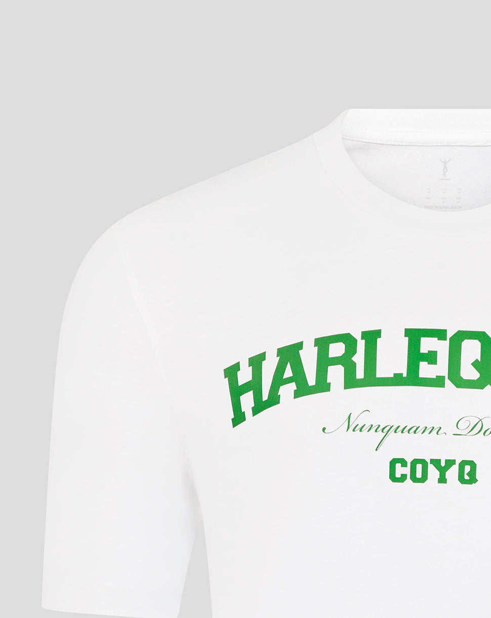 White t-shirt with green text on a light gray background