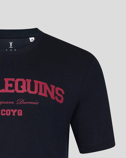 Black t-shirt with red text on a gray background